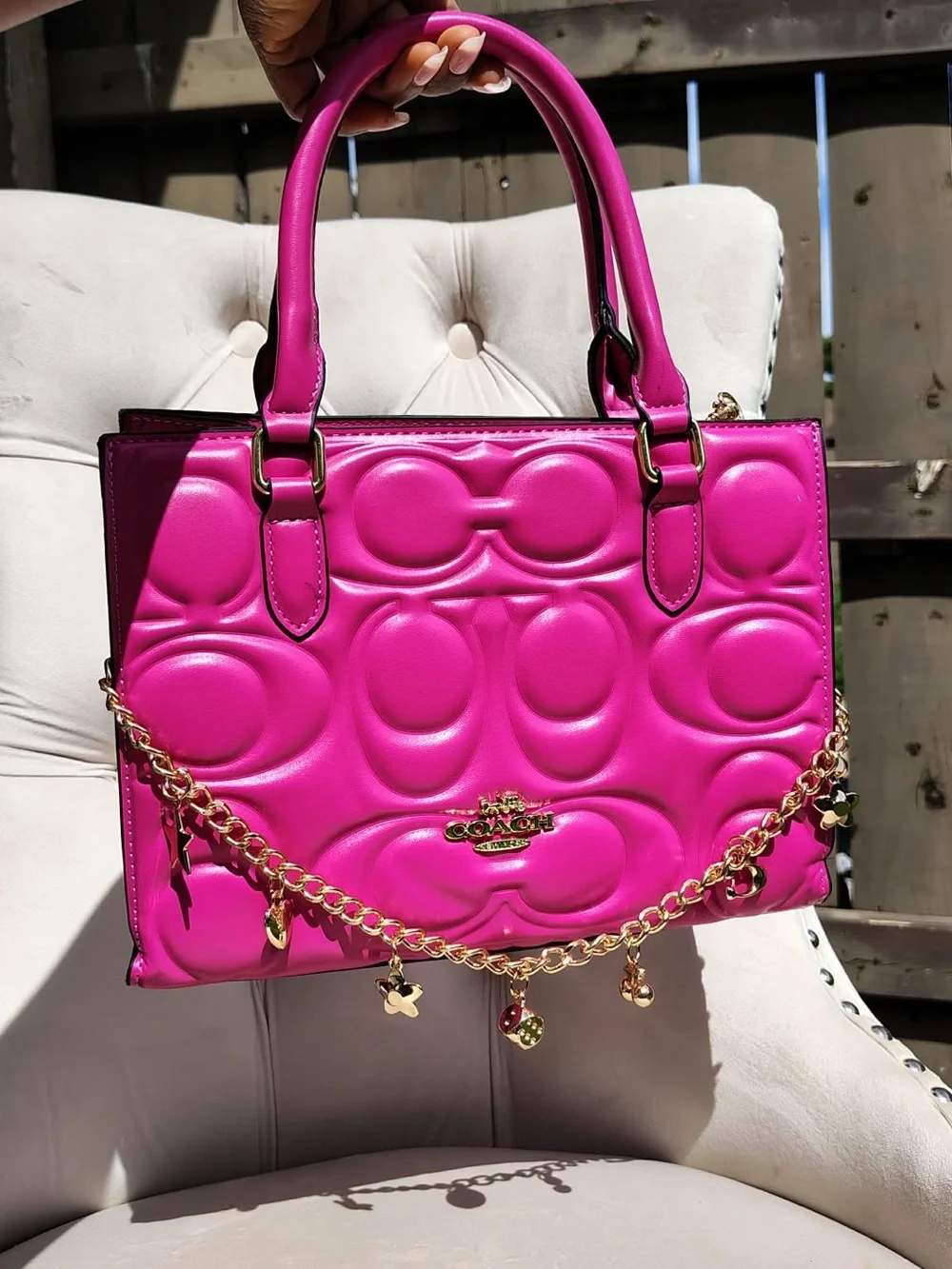 Coach Fuchsia Quilted Leather Satchel with Gold Charm Chain
